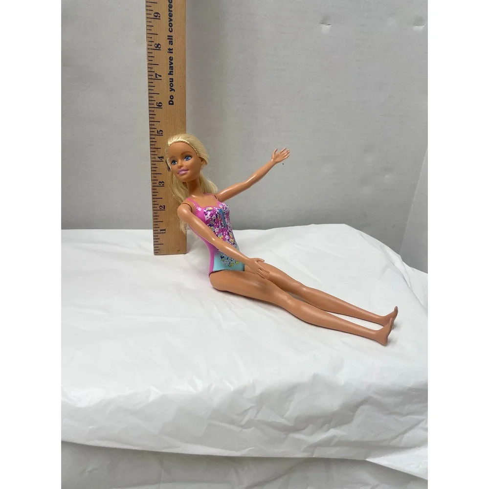 Mattel Barbie Doll 2019 Molded Pink Floral Swimsuit Blonde Hair Blue Eyes 11.5in